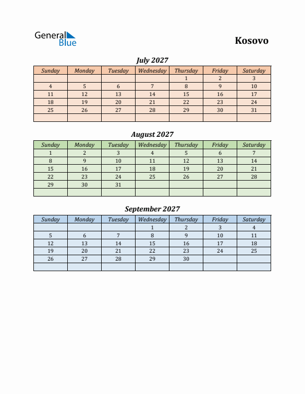 Q3 2027 Holiday Calendar - Kosovo