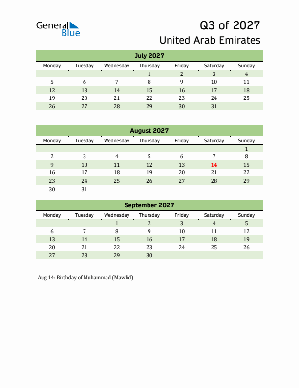 Quarterly Calendar 2027 with United Arab Emirates Holidays