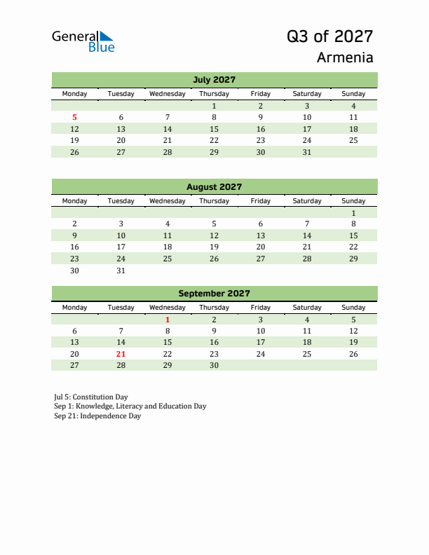 Quarterly Calendar 2027 with Armenia Holidays