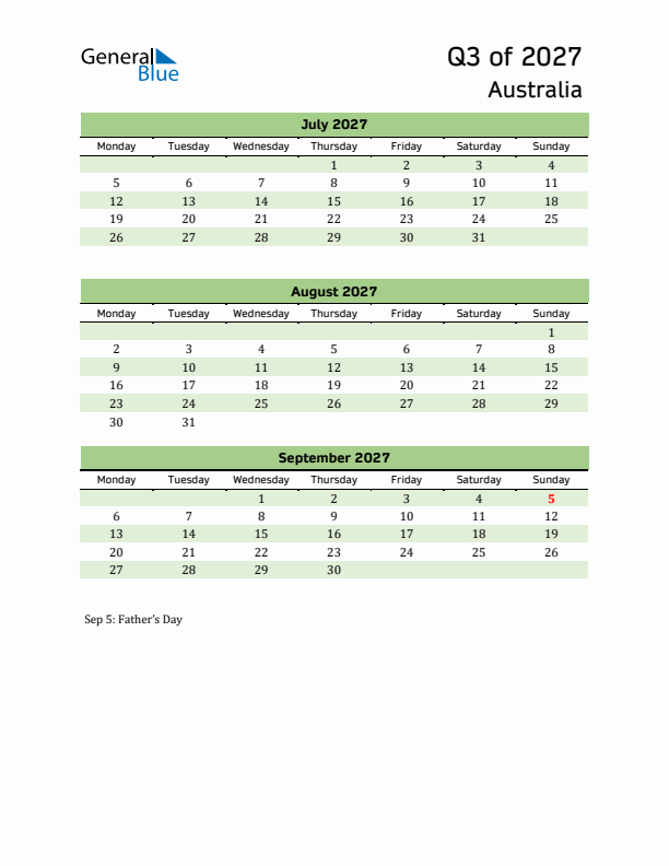 Quarterly Calendar 2027 with Australia Holidays