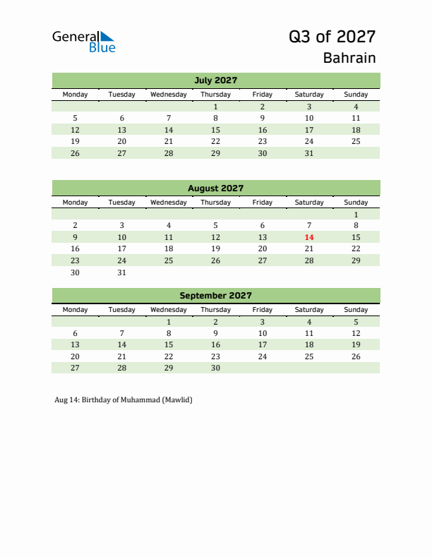 Quarterly Calendar 2027 with Bahrain Holidays