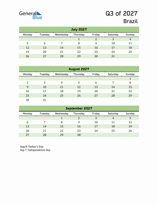 Quarterly Calendar 2027 with Brazil Holidays