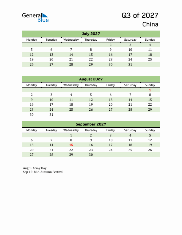 Quarterly Calendar 2027 with China Holidays