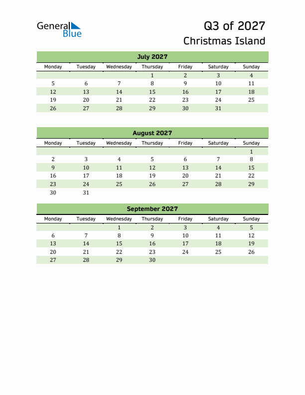 Quarterly Calendar 2027 with Christmas Island Holidays