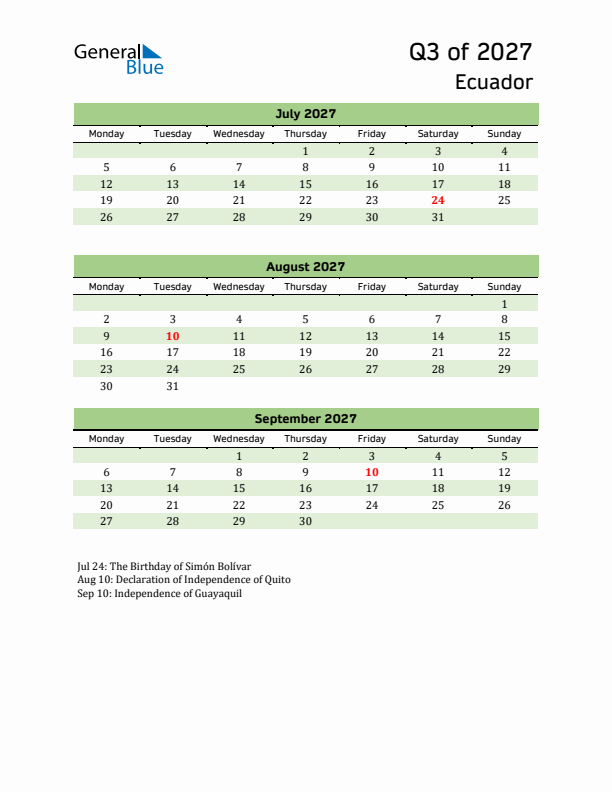 Quarterly Calendar 2027 with Ecuador Holidays