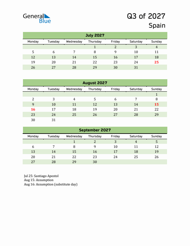 Quarterly Calendar 2027 with Spain Holidays