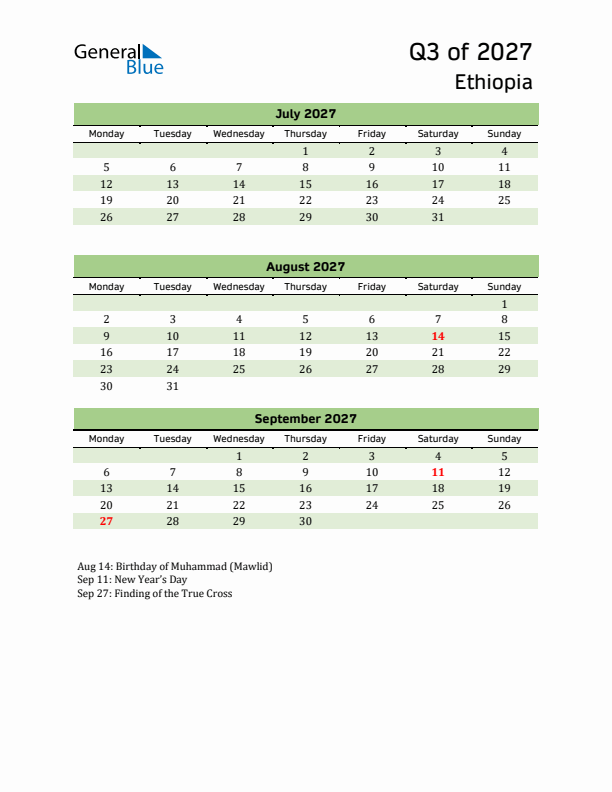 Quarterly Calendar 2027 with Ethiopia Holidays