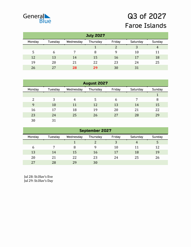 Quarterly Calendar 2027 with Faroe Islands Holidays