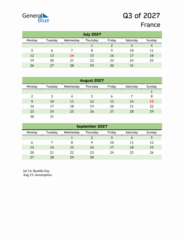 Quarterly Calendar 2027 with France Holidays