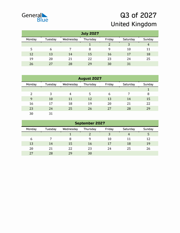 Quarterly Calendar 2027 with United Kingdom Holidays