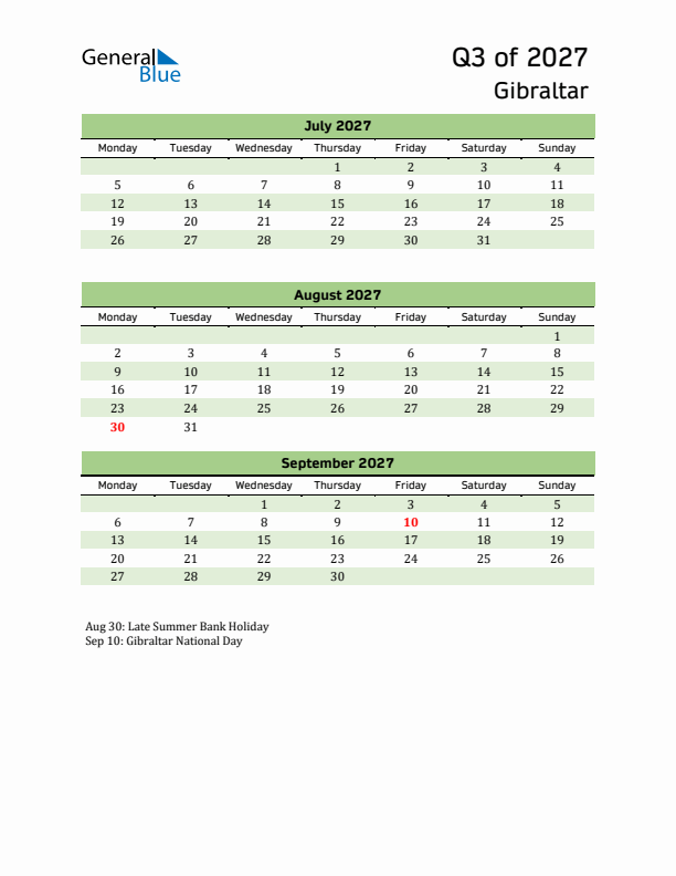 Quarterly Calendar 2027 with Gibraltar Holidays