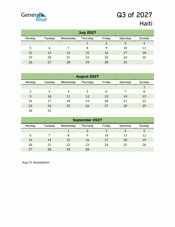 Quarterly Calendar 2027 with Haiti Holidays