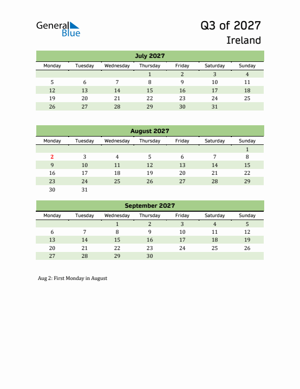 Quarterly Calendar 2027 with Ireland Holidays