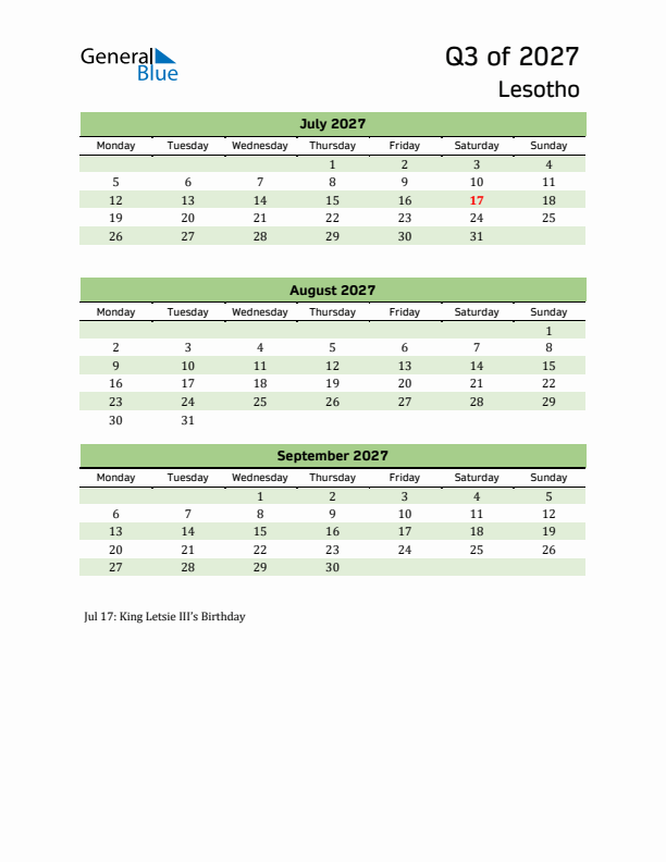 Quarterly Calendar 2027 with Lesotho Holidays