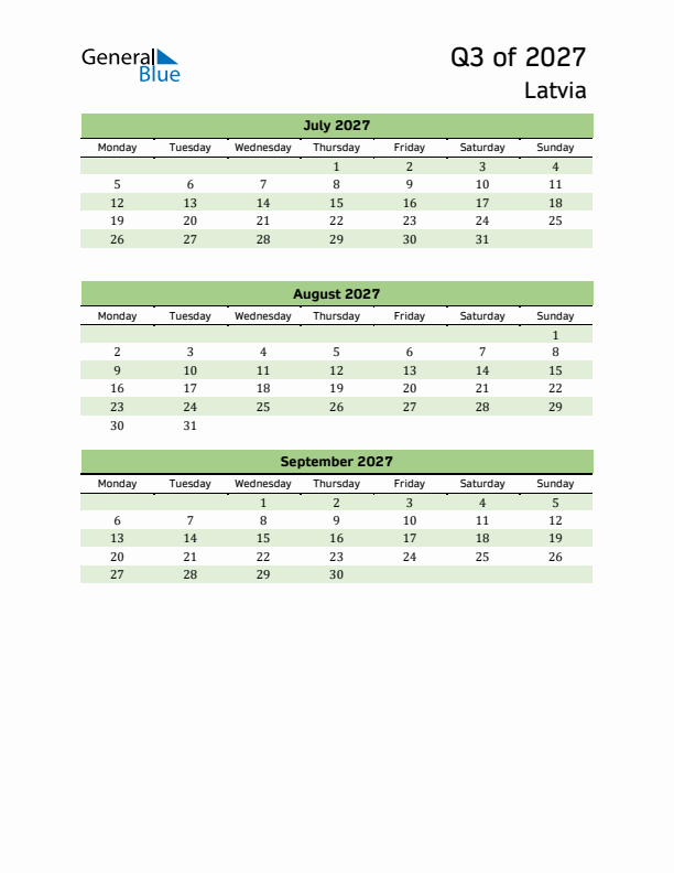 Quarterly Calendar 2027 with Latvia Holidays