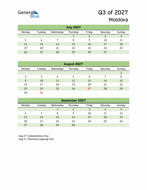 Quarterly Calendar 2027 with Moldova Holidays