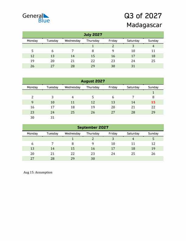 Quarterly Calendar 2027 with Madagascar Holidays