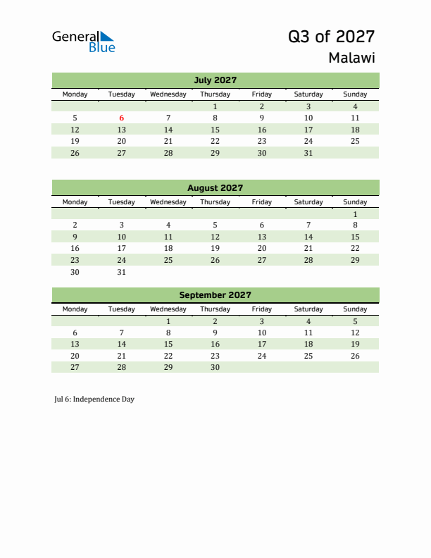 Quarterly Calendar 2027 with Malawi Holidays