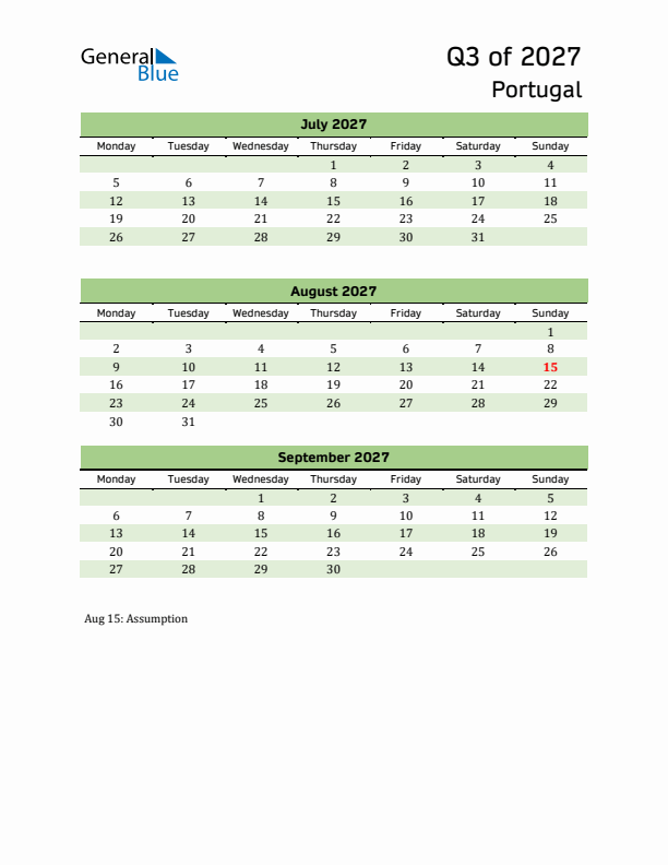 Quarterly Calendar 2027 with Portugal Holidays