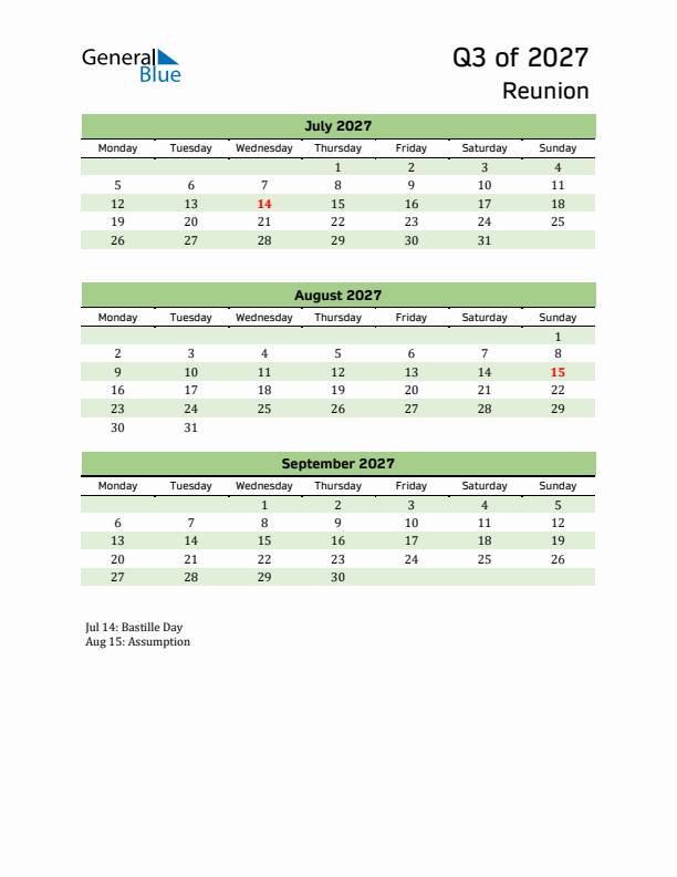 Quarterly Calendar 2027 with Reunion Holidays