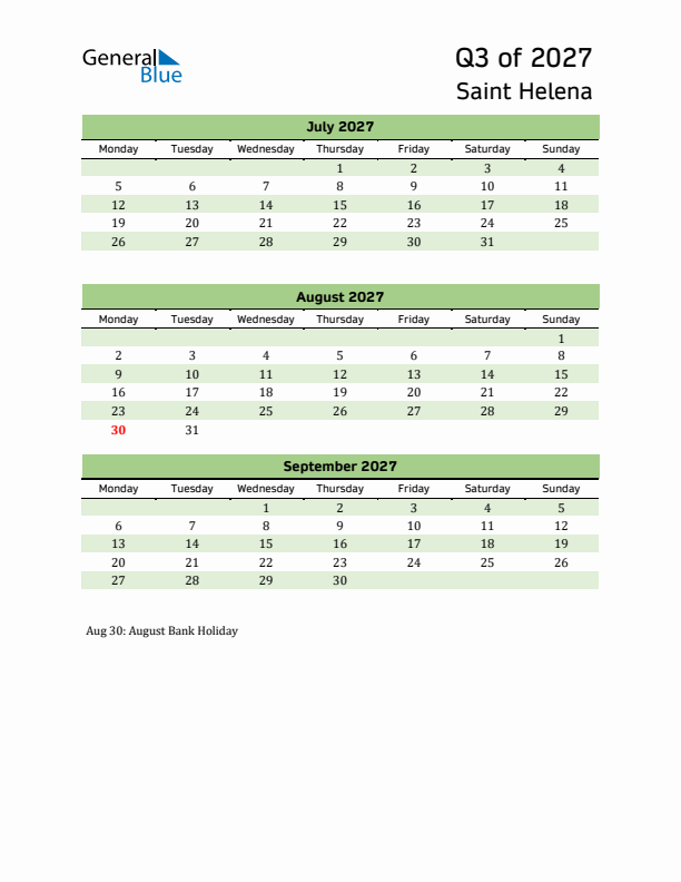 Quarterly Calendar 2027 with Saint Helena Holidays