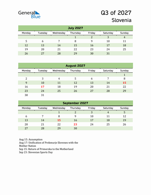 Quarterly Calendar 2027 with Slovenia Holidays