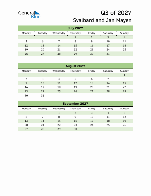 Quarterly Calendar 2027 with Svalbard and Jan Mayen Holidays