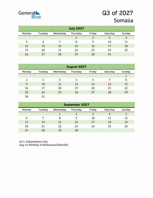 Quarterly Calendar 2027 with Somalia Holidays