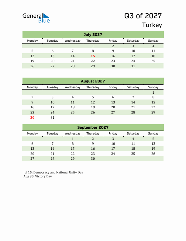 Quarterly Calendar 2027 with Turkey Holidays