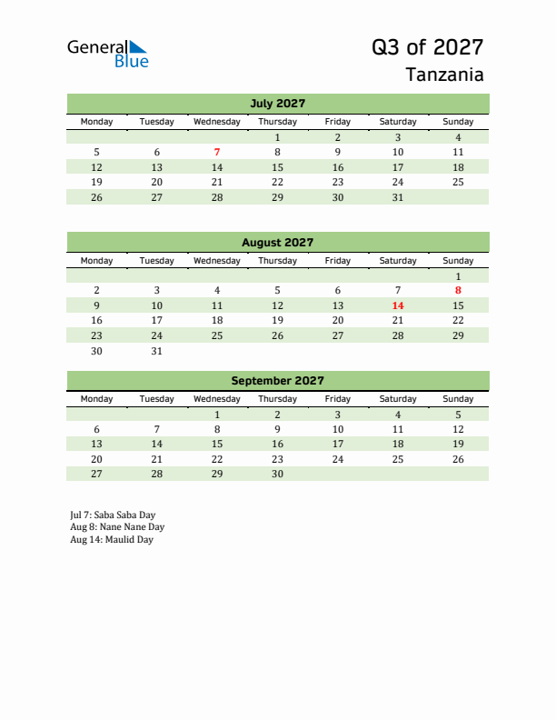 Quarterly Calendar 2027 with Tanzania Holidays