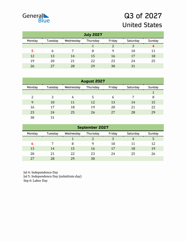 Quarterly Calendar 2027 with United States Holidays