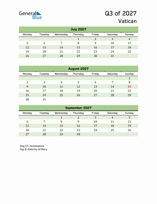 Quarterly Calendar 2027 with Vatican Holidays