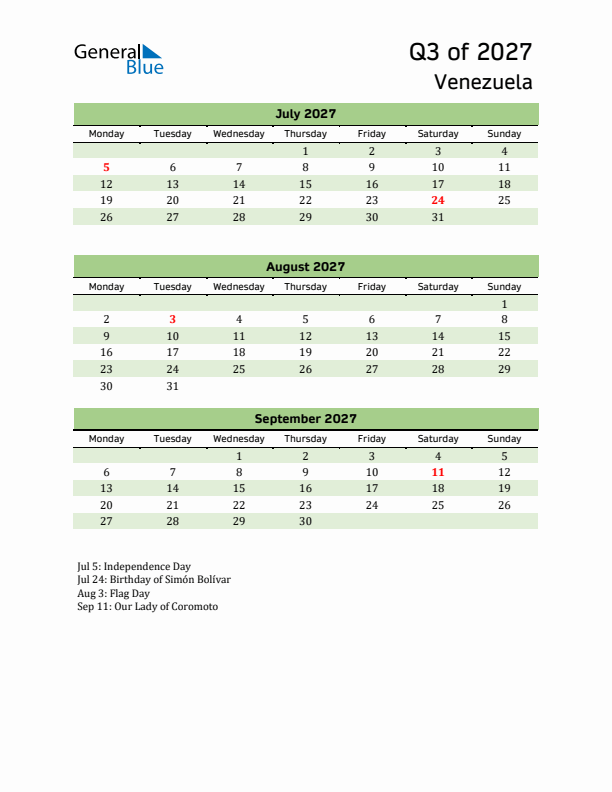 Quarterly Calendar 2027 with Venezuela Holidays