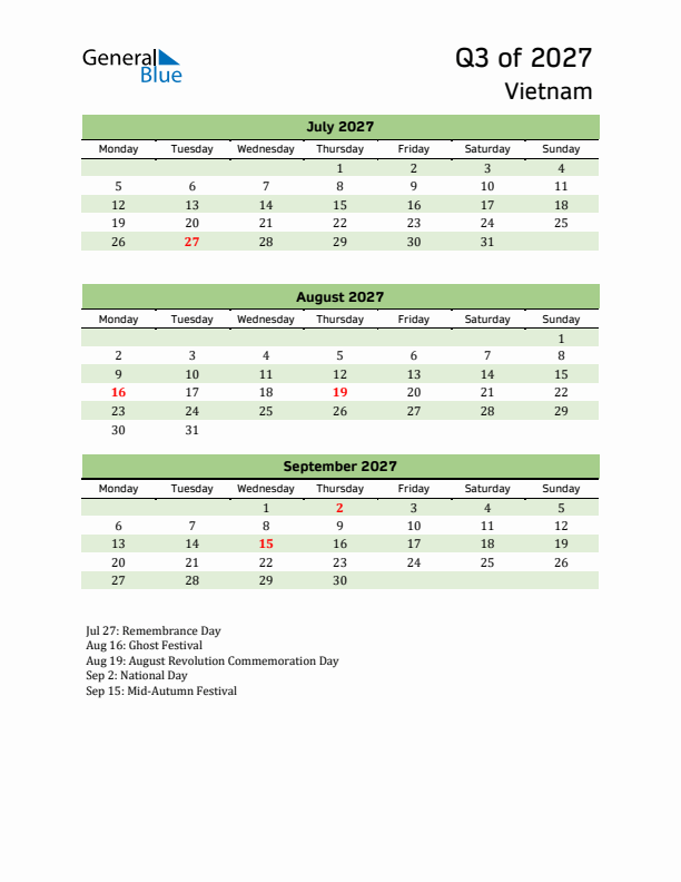 Quarterly Calendar 2027 with Vietnam Holidays