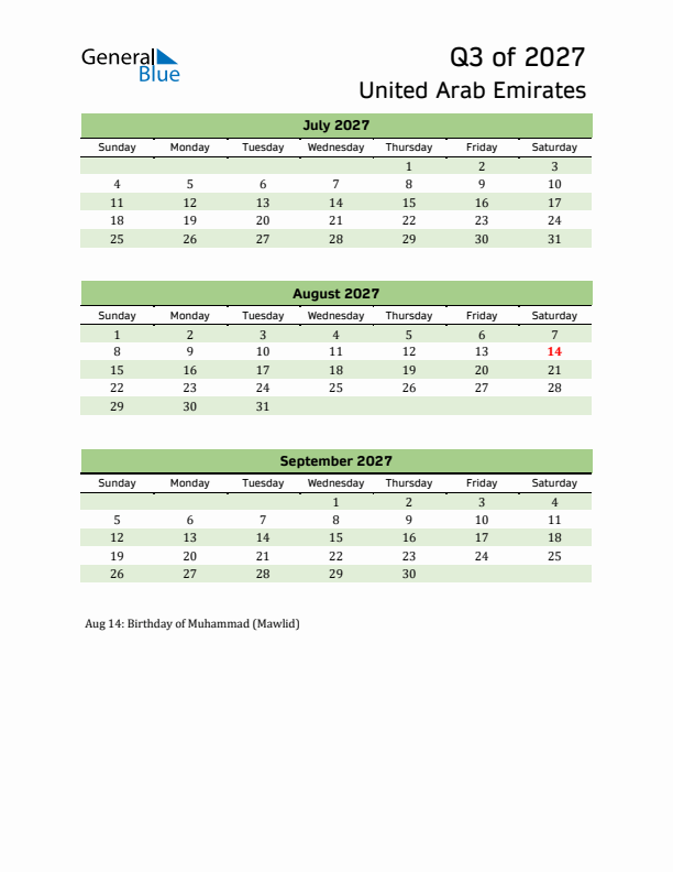 Quarterly Calendar 2027 with United Arab Emirates Holidays