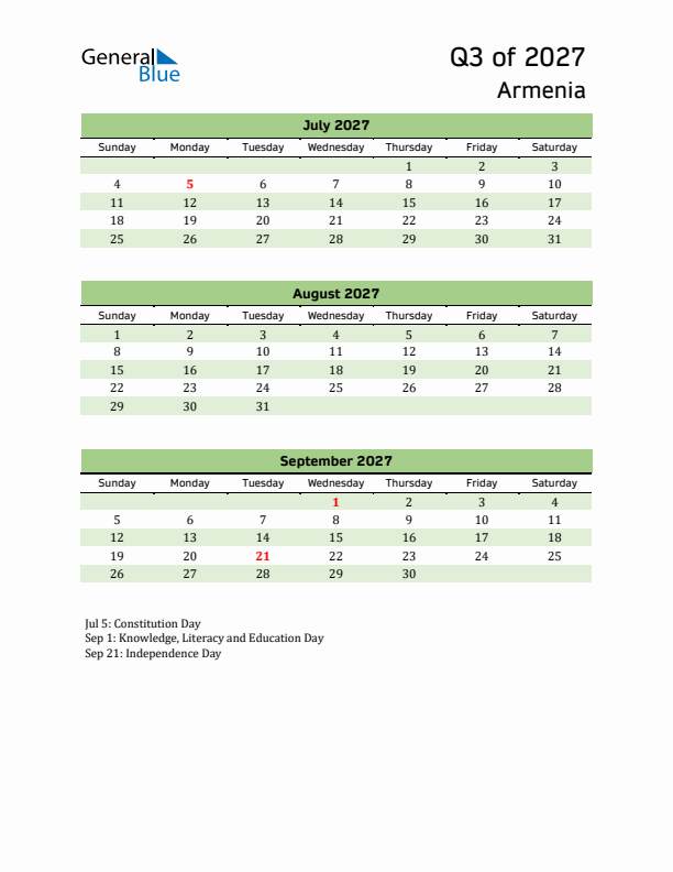 Quarterly Calendar 2027 with Armenia Holidays