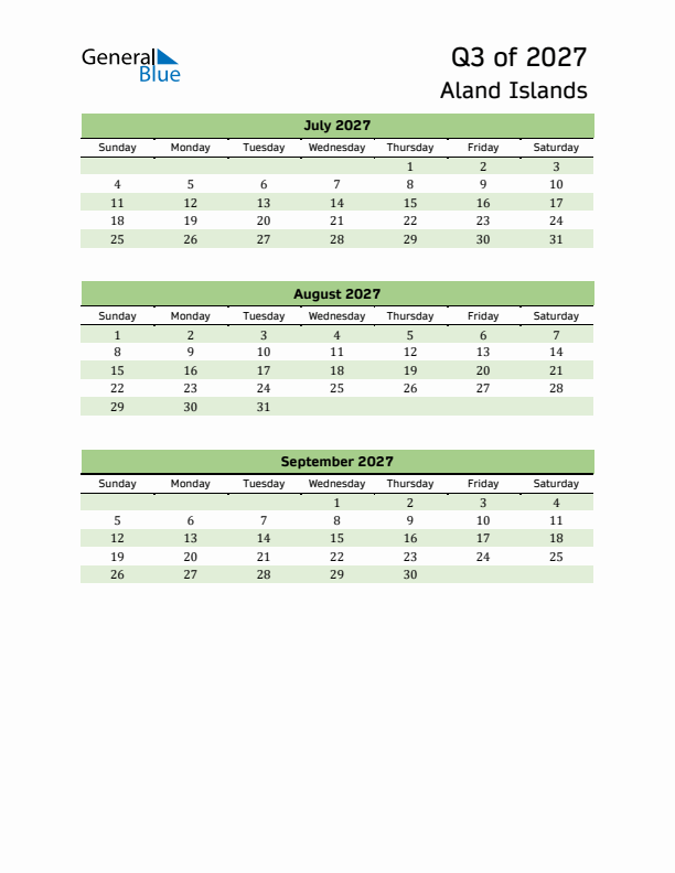 Quarterly Calendar 2027 with Aland Islands Holidays