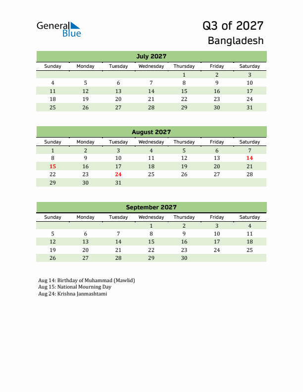 Quarterly Calendar 2027 with Bangladesh Holidays