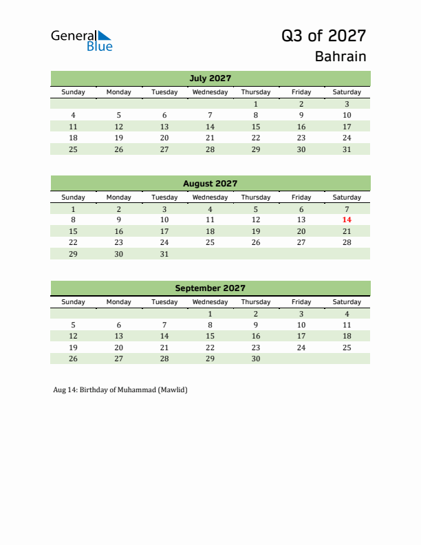 Quarterly Calendar 2027 with Bahrain Holidays