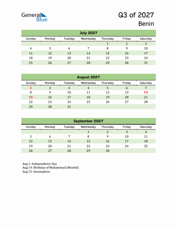 Quarterly Calendar 2027 with Benin Holidays