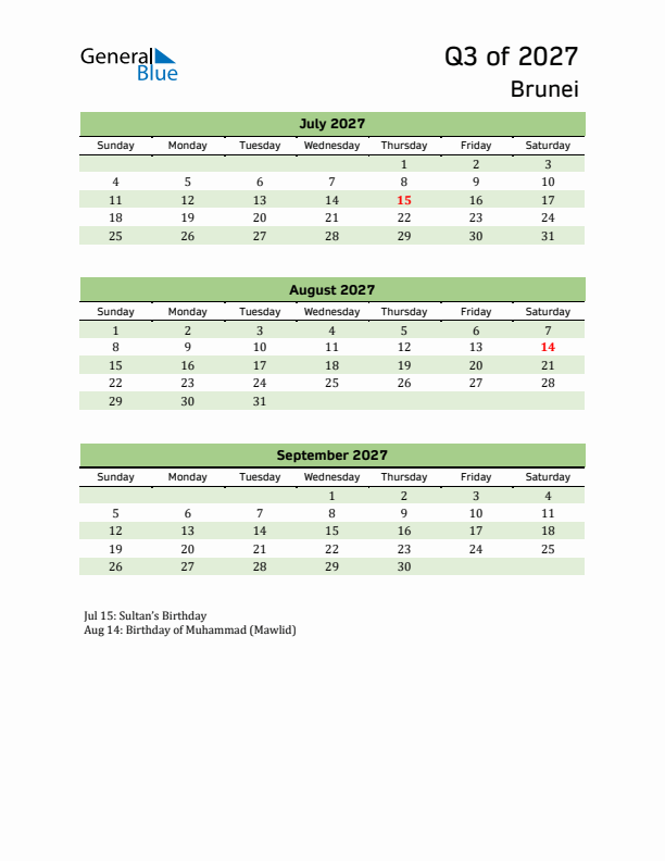 Quarterly Calendar 2027 with Brunei Holidays