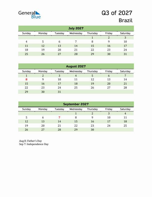 Quarterly Calendar 2027 with Brazil Holidays