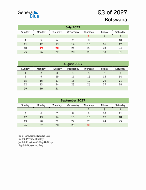 Quarterly Calendar 2027 with Botswana Holidays