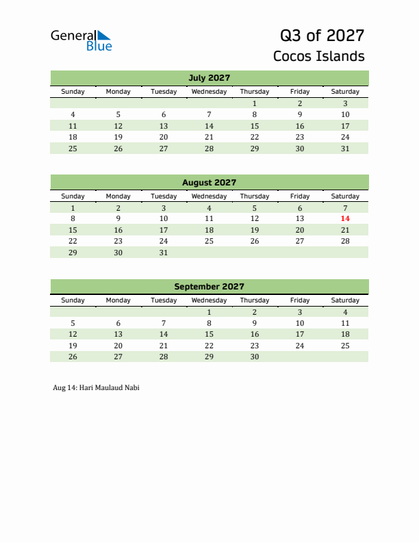 Quarterly Calendar 2027 with Cocos Islands Holidays