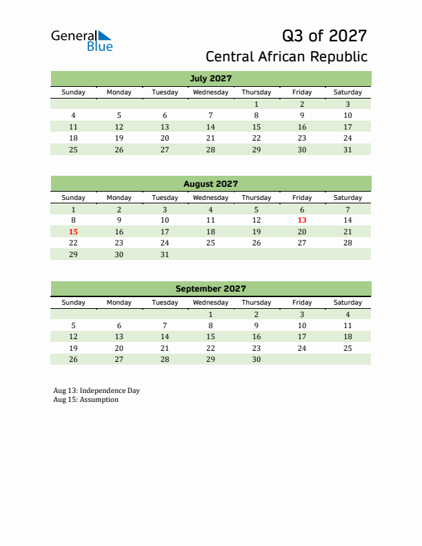 Quarterly Calendar 2027 with Central African Republic Holidays