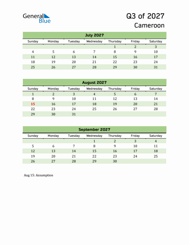 Quarterly Calendar 2027 with Cameroon Holidays