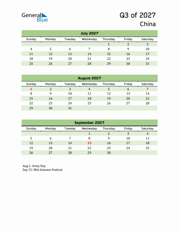 Quarterly Calendar 2027 with China Holidays