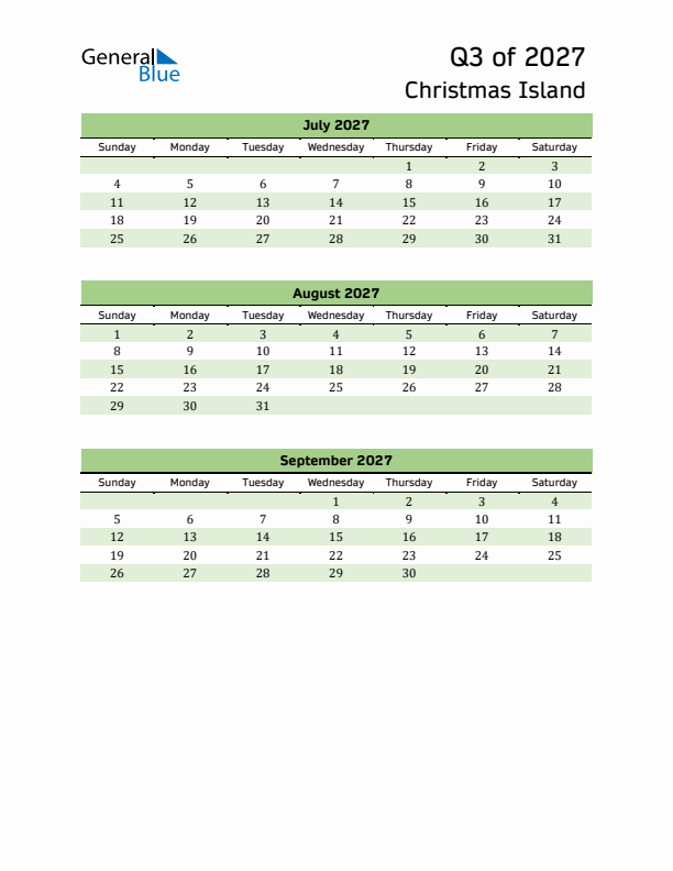 Quarterly Calendar 2027 with Christmas Island Holidays