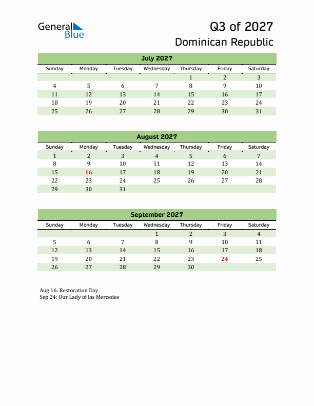 Quarterly Calendar 2027 with Dominican Republic Holidays