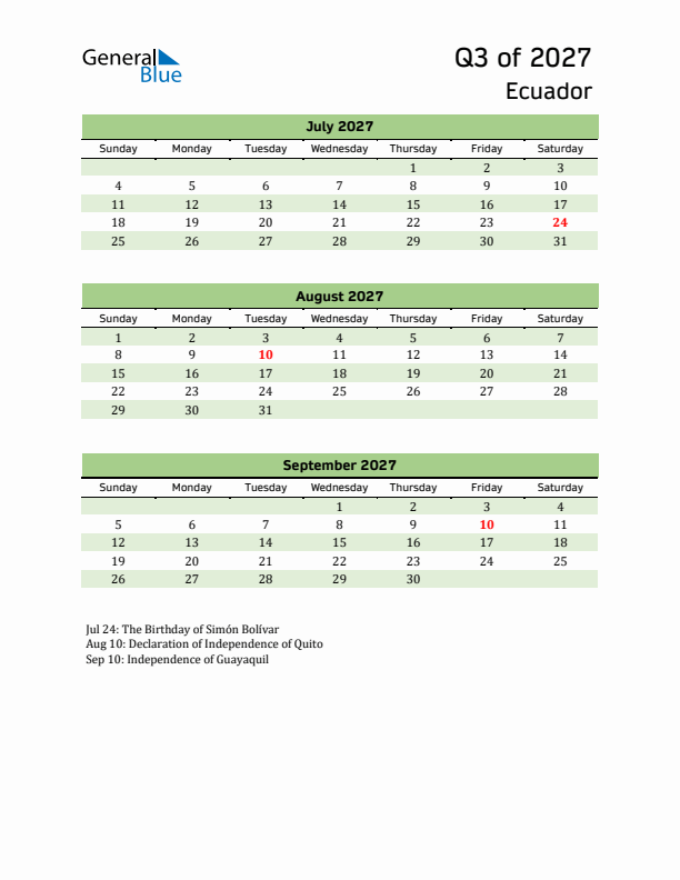 Quarterly Calendar 2027 with Ecuador Holidays